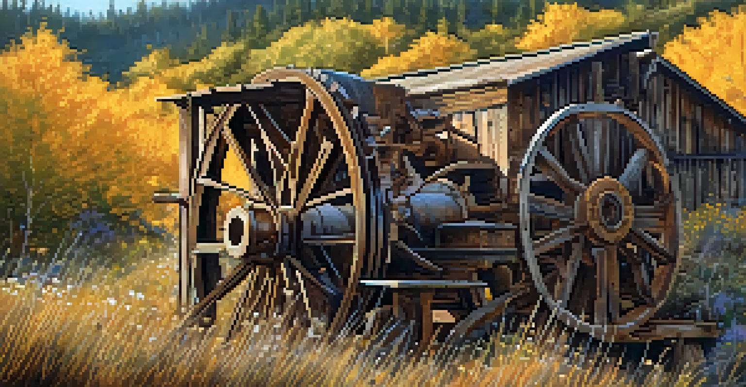 A detailed close-up of a weathered stamp mill with rusty machinery and wildflowers around it, illuminated by morning light.