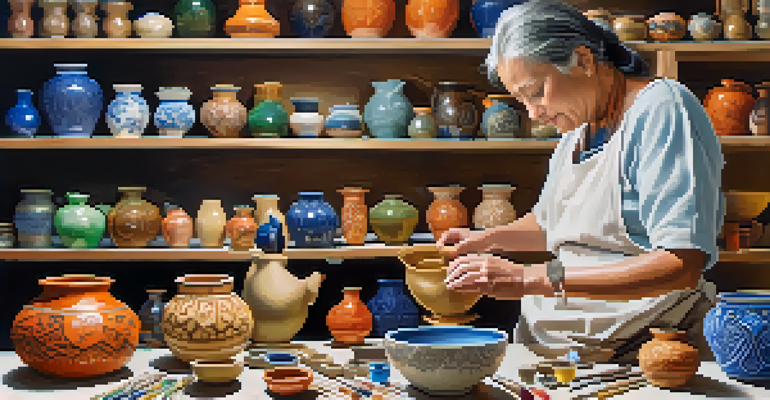 A local artisan painting a ceramic pot with vibrant colors, surrounded by completed pottery and tools, illuminated by soft natural light.