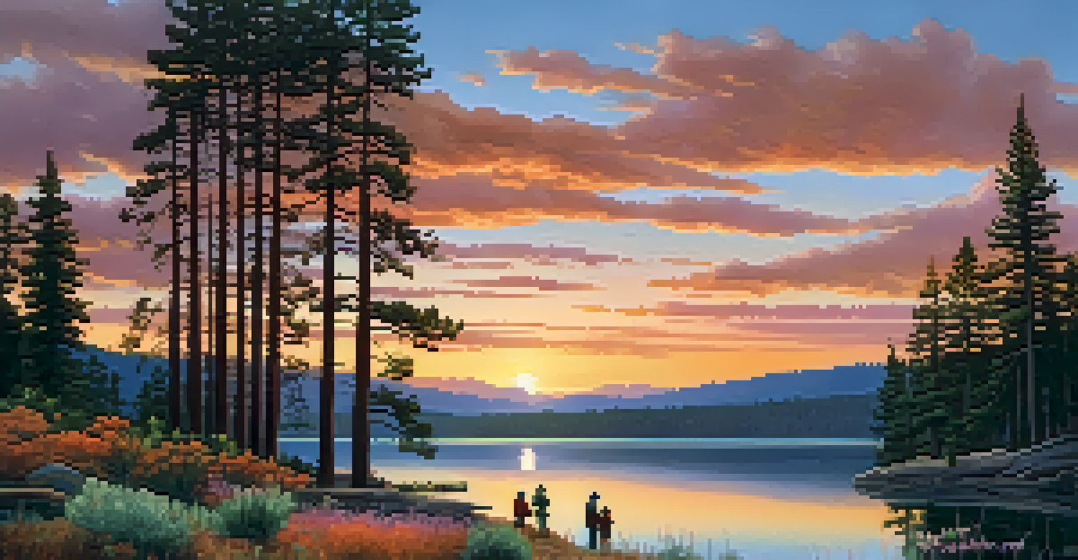 A family planting trees by Big Bear Lake during a colorful sunset, with vibrant reflections on the water.