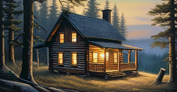 A rustic cabin surrounded by tall pine trees, with warm light glowing from the windows, creating a cozy yet mysterious atmosphere.
