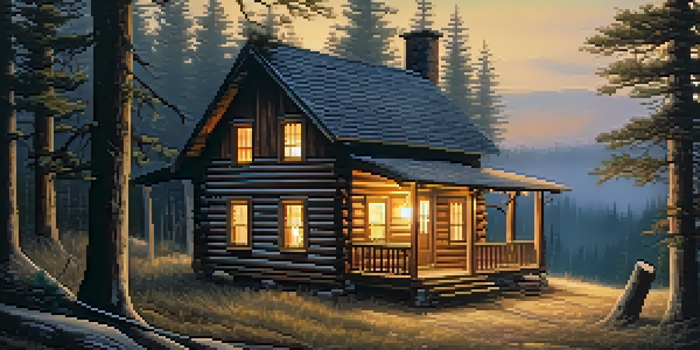 A rustic cabin surrounded by tall pine trees, with warm light glowing from the windows, creating a cozy yet mysterious atmosphere.