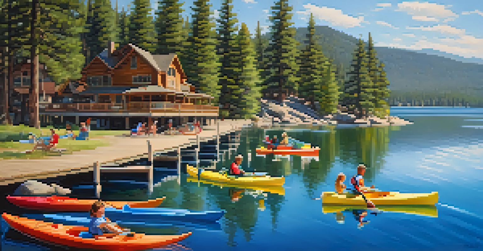 A family on a wooden dock at Big Bear Lake with kayaks, enjoying a sunny day and the scenic view.