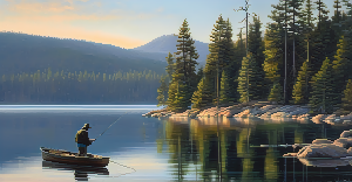 A peaceful scene of Big Bear Lake at dawn with a fisherman in a boat, surrounded by trees and mountains.