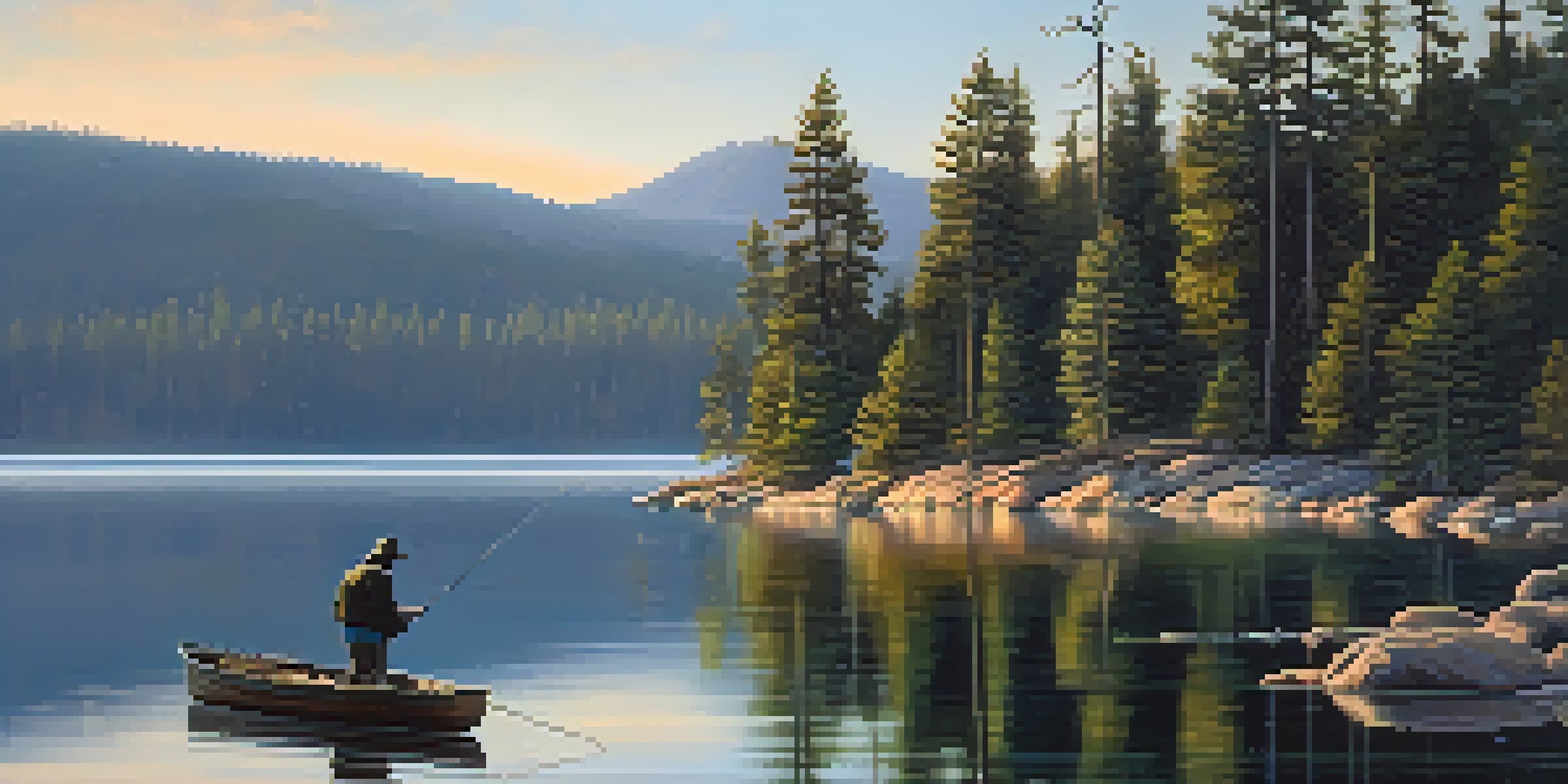 A peaceful scene of Big Bear Lake at dawn with a fisherman in a boat, surrounded by trees and mountains.
