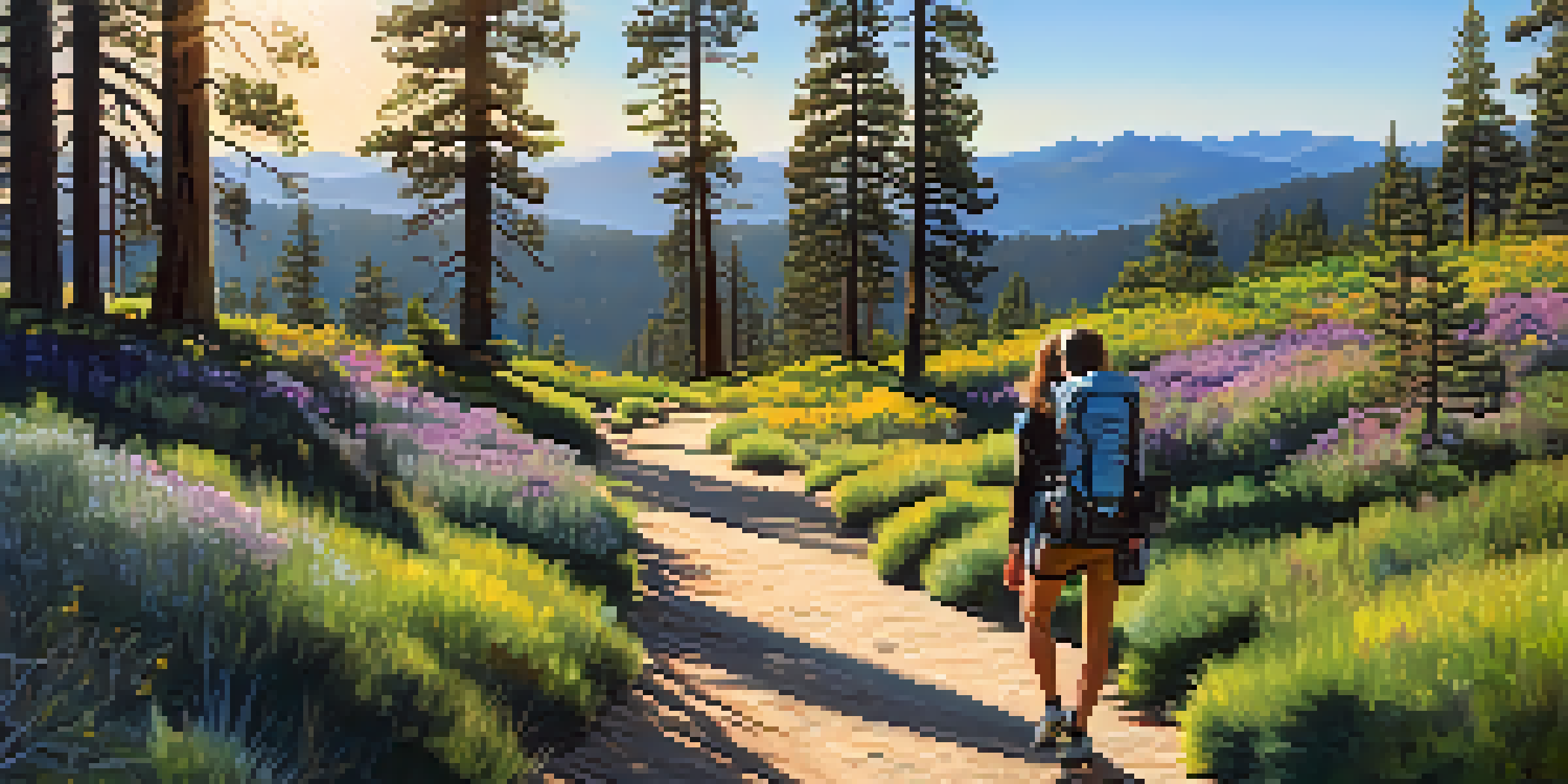 A hiker walking on a sunny trail surrounded by pine trees and wildflowers in Big Bear.