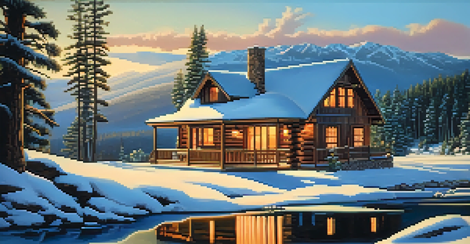 A charming cabin in a snowy Big Bear landscape with smoke from the chimney and a view of mountains in the background.
