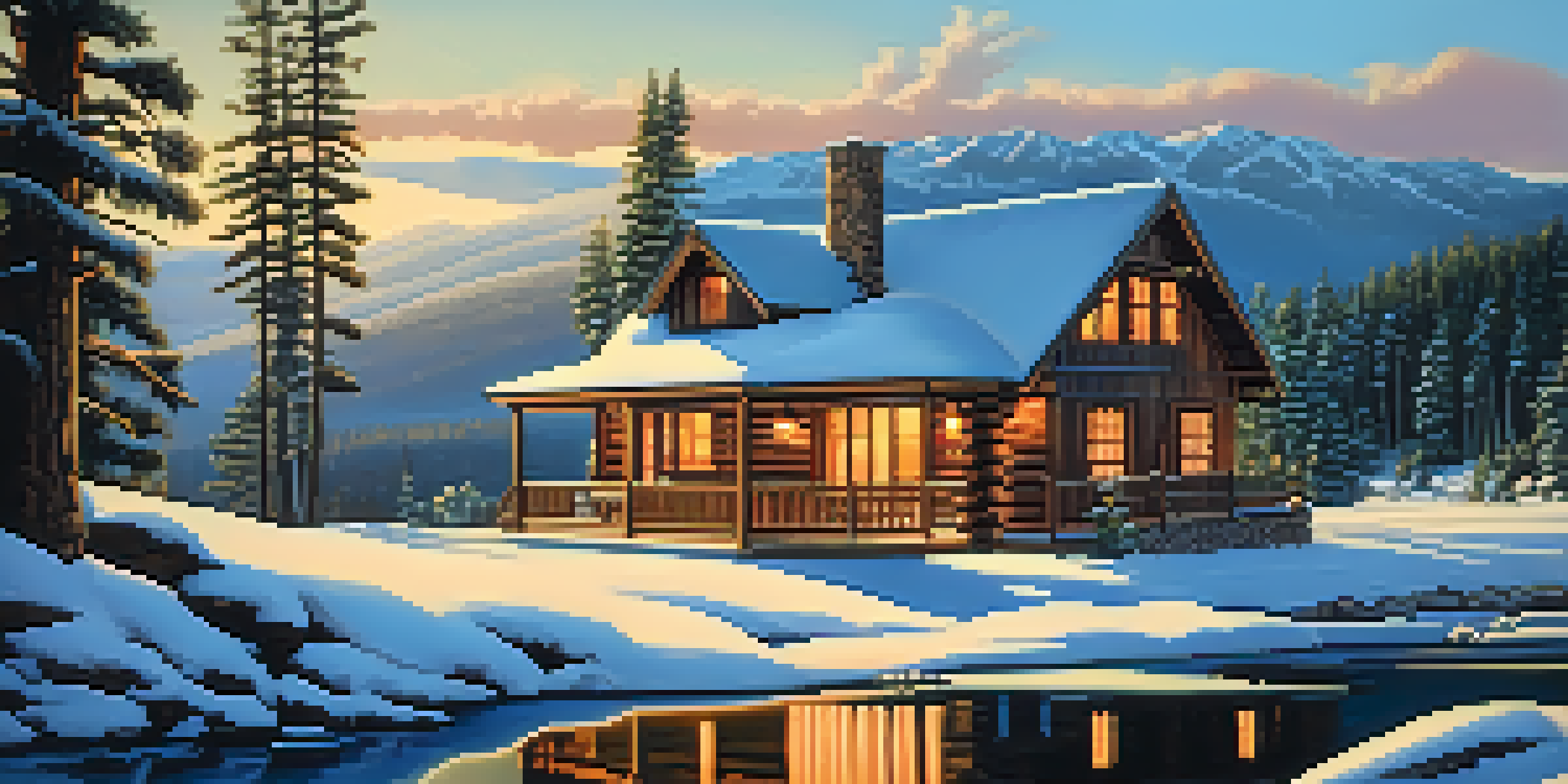 A charming cabin in a snowy Big Bear landscape with smoke from the chimney and a view of mountains in the background.