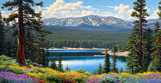 A wide view of Big Bear Lake with green forests and colorful wildflowers, set against a blue sky with clouds.