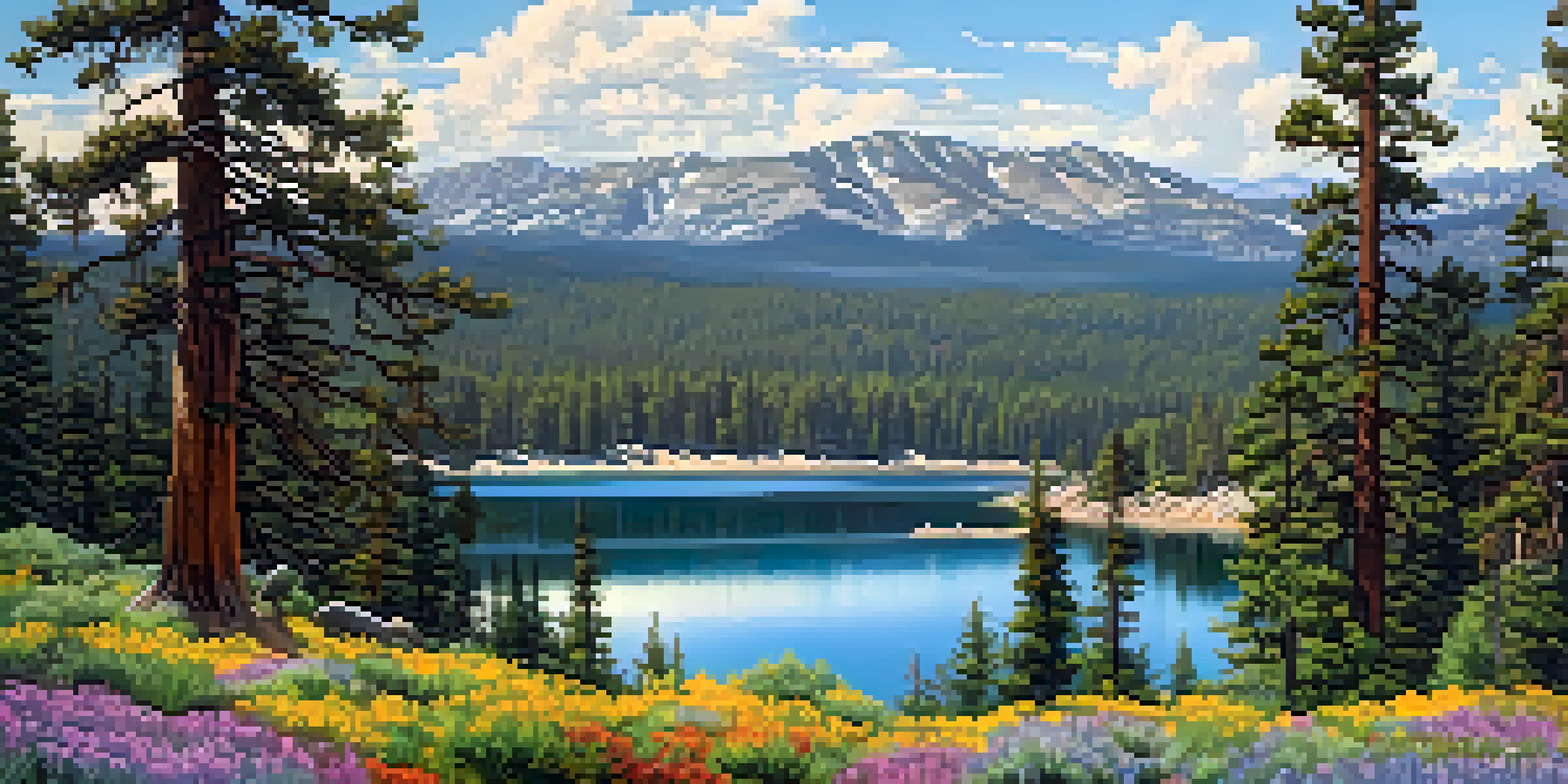 A wide view of Big Bear Lake with green forests and colorful wildflowers, set against a blue sky with clouds.