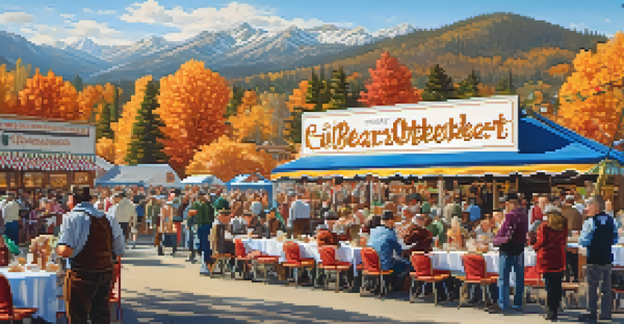 A lively Oktoberfest celebration at Big Bear Lake with people in traditional Bavarian clothing enjoying food and drinks amidst autumn-colored trees.