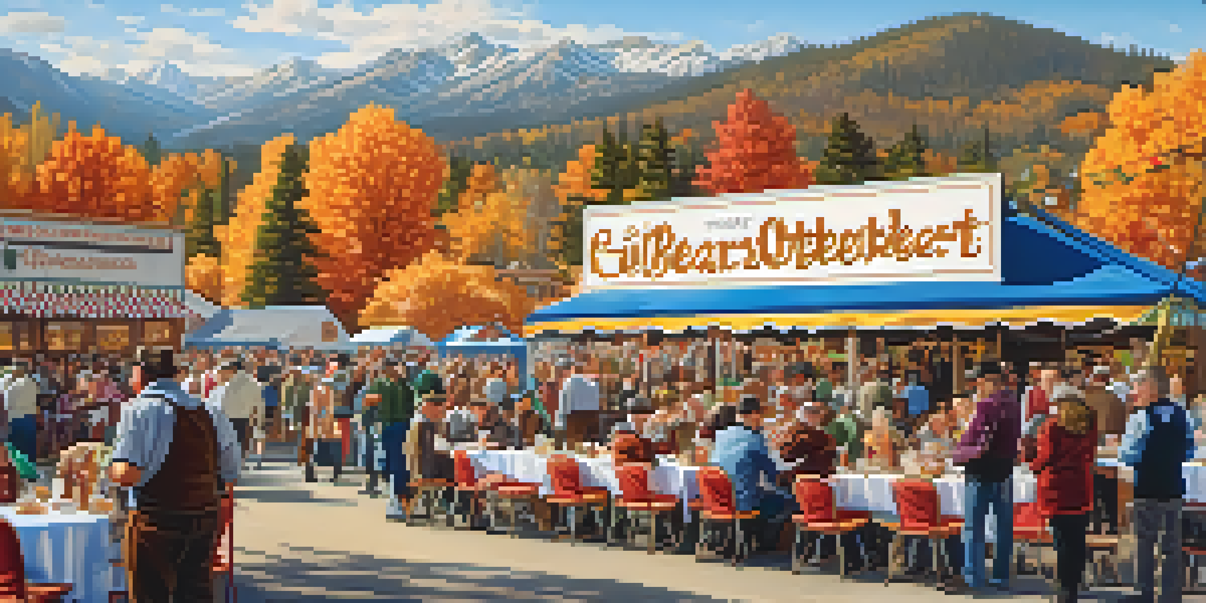A lively Oktoberfest celebration at Big Bear Lake with people in traditional Bavarian clothing enjoying food and drinks amidst autumn-colored trees.