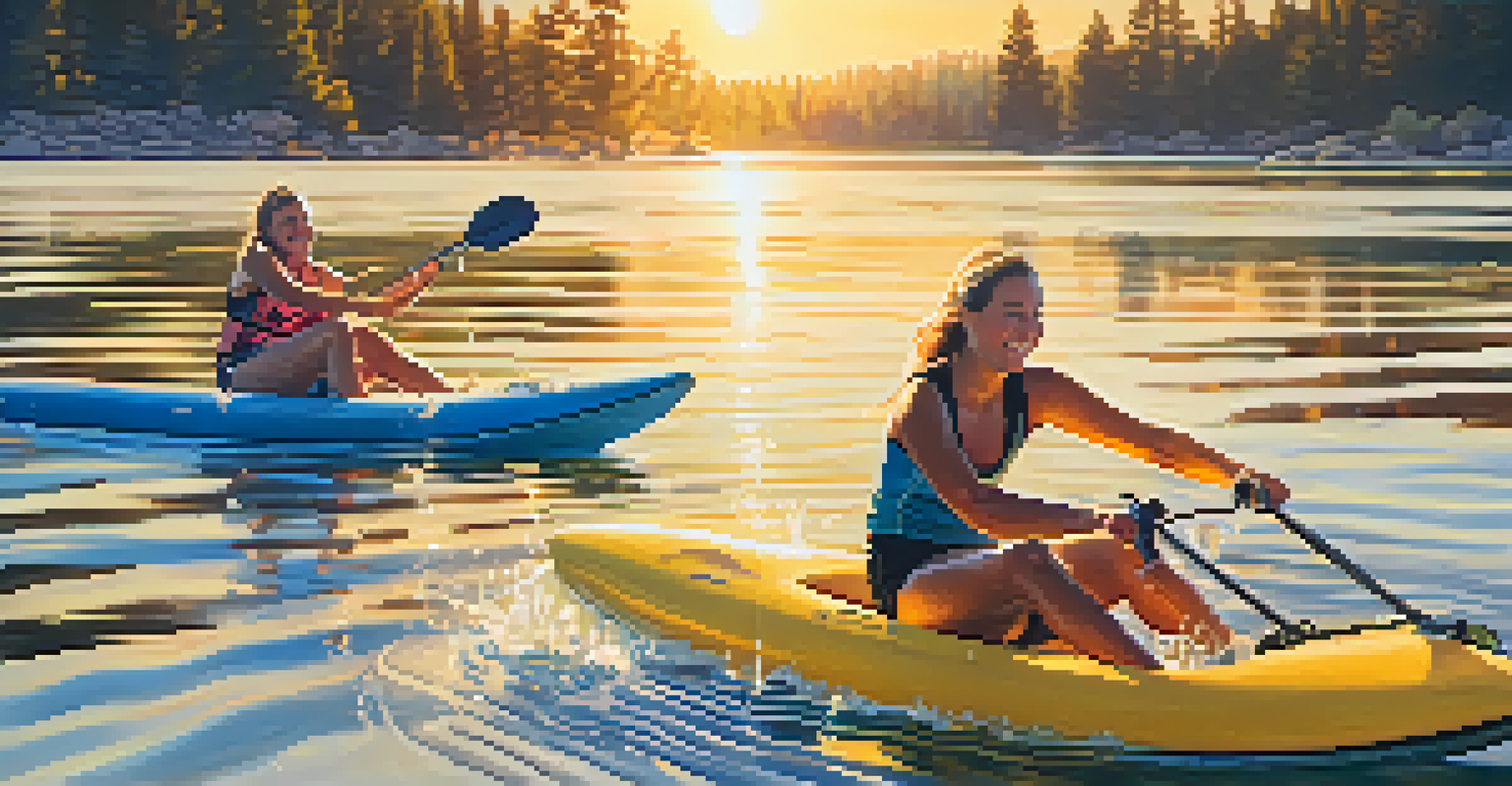 Friends enjoying water sports at Big Bear Lake during sunset, with vibrant colors and lively energy.