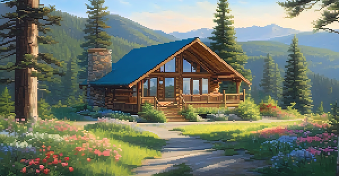 A tranquil mountain setting featuring a detox retreat cabin surrounded by trees and flowers under a clear sky.