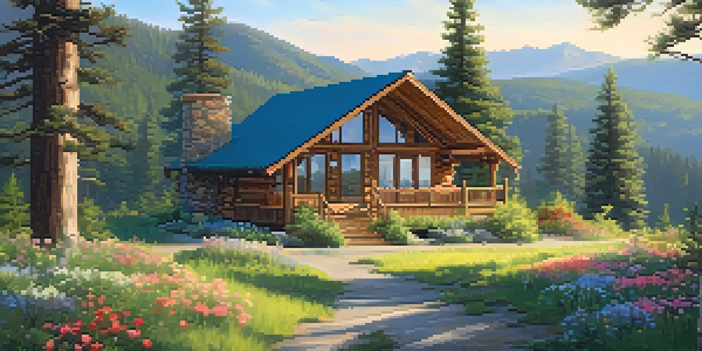 A tranquil mountain setting featuring a detox retreat cabin surrounded by trees and flowers under a clear sky.