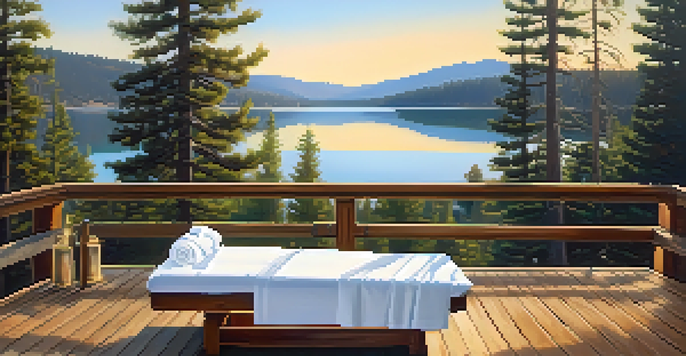 An outdoor spa scene with a massage table on a wooden deck by a calm lake, surrounded by pine trees and bathed in warm sunlight.