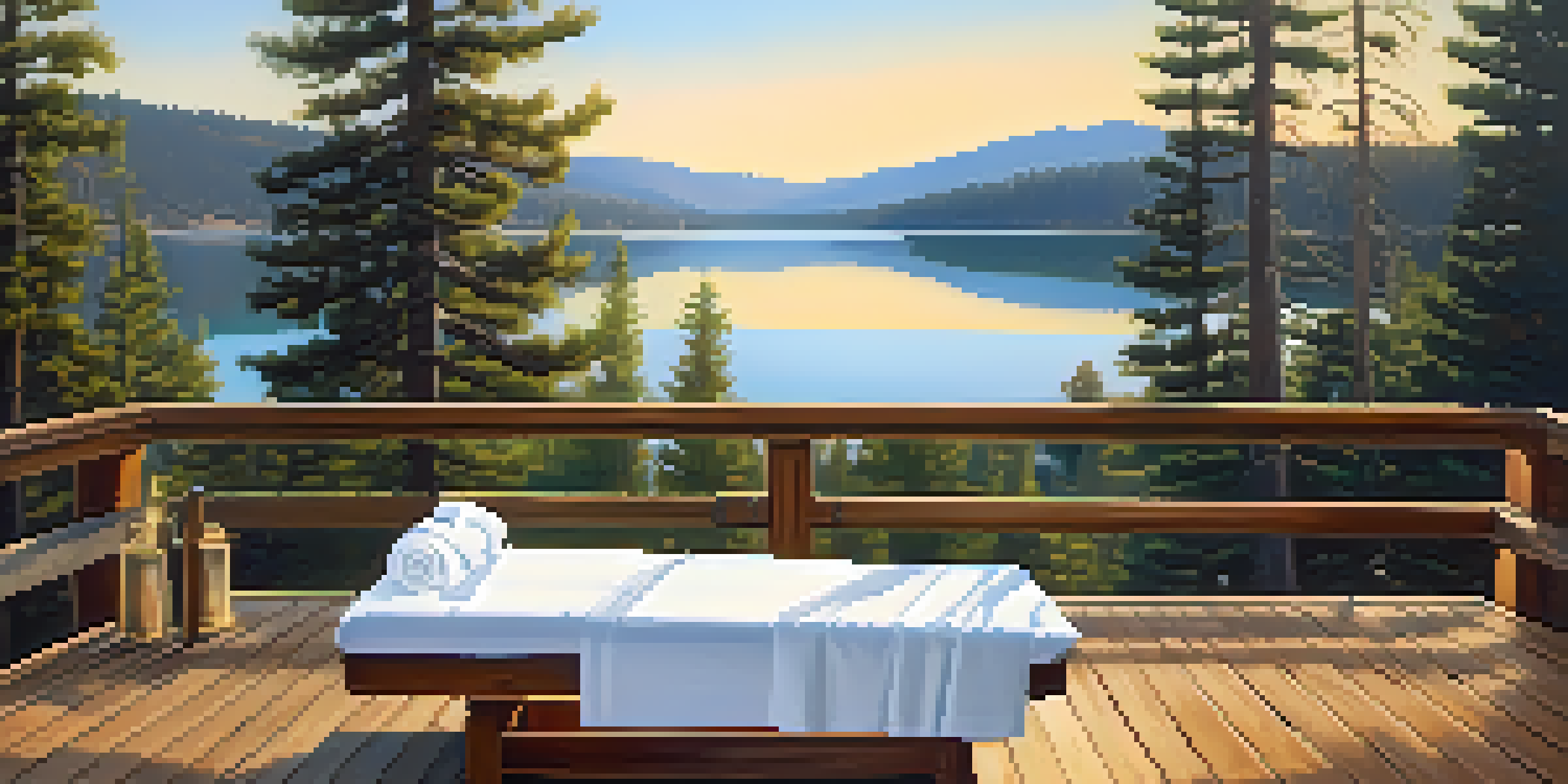 An outdoor spa scene with a massage table on a wooden deck by a calm lake, surrounded by pine trees and bathed in warm sunlight.