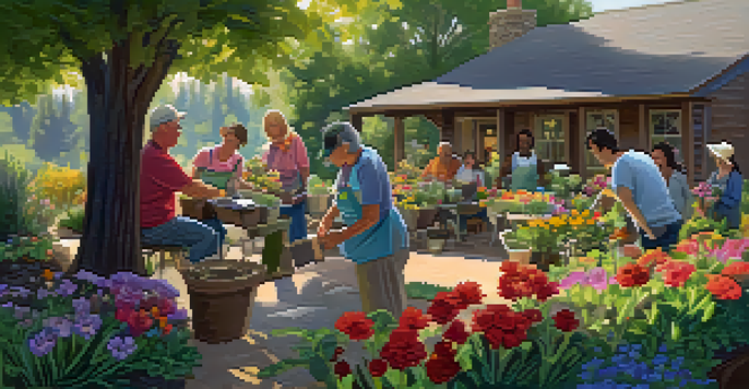 A community gardening workshop with diverse residents planting seeds in a lush garden under soft sunlight.