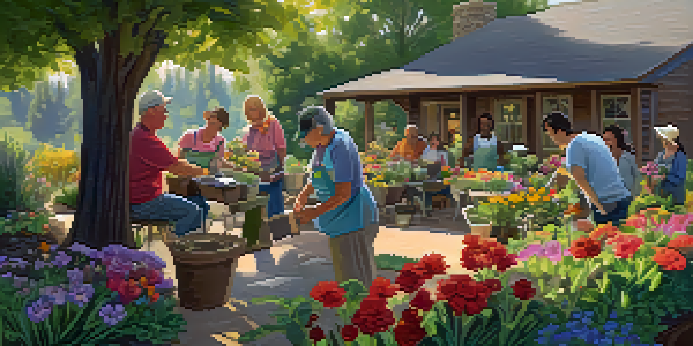 A community gardening workshop with diverse residents planting seeds in a lush garden under soft sunlight.