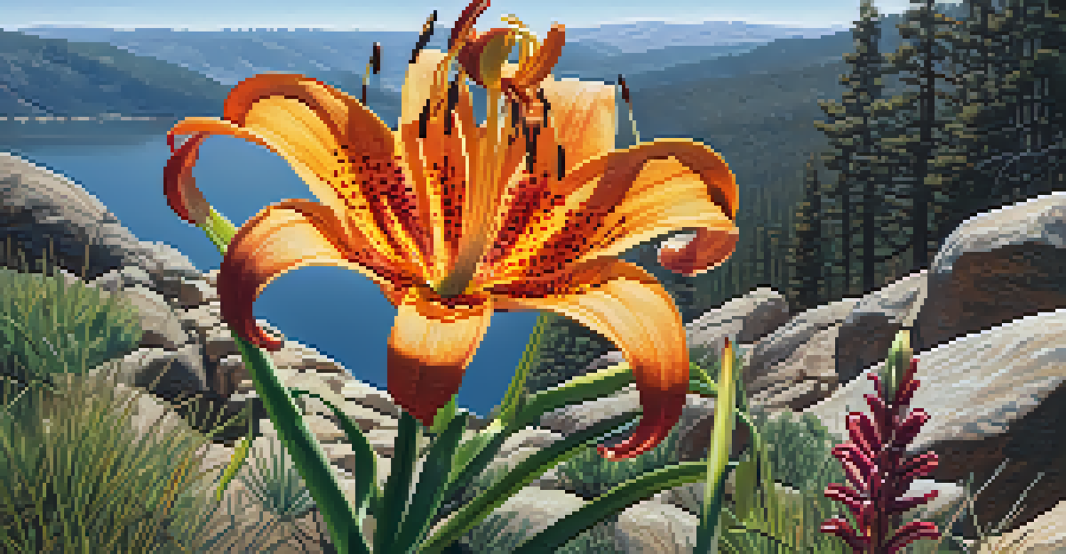 A close-up of a vibrant Big Bear lily flower with rocky terrain in the background and a bee hovering nearby.