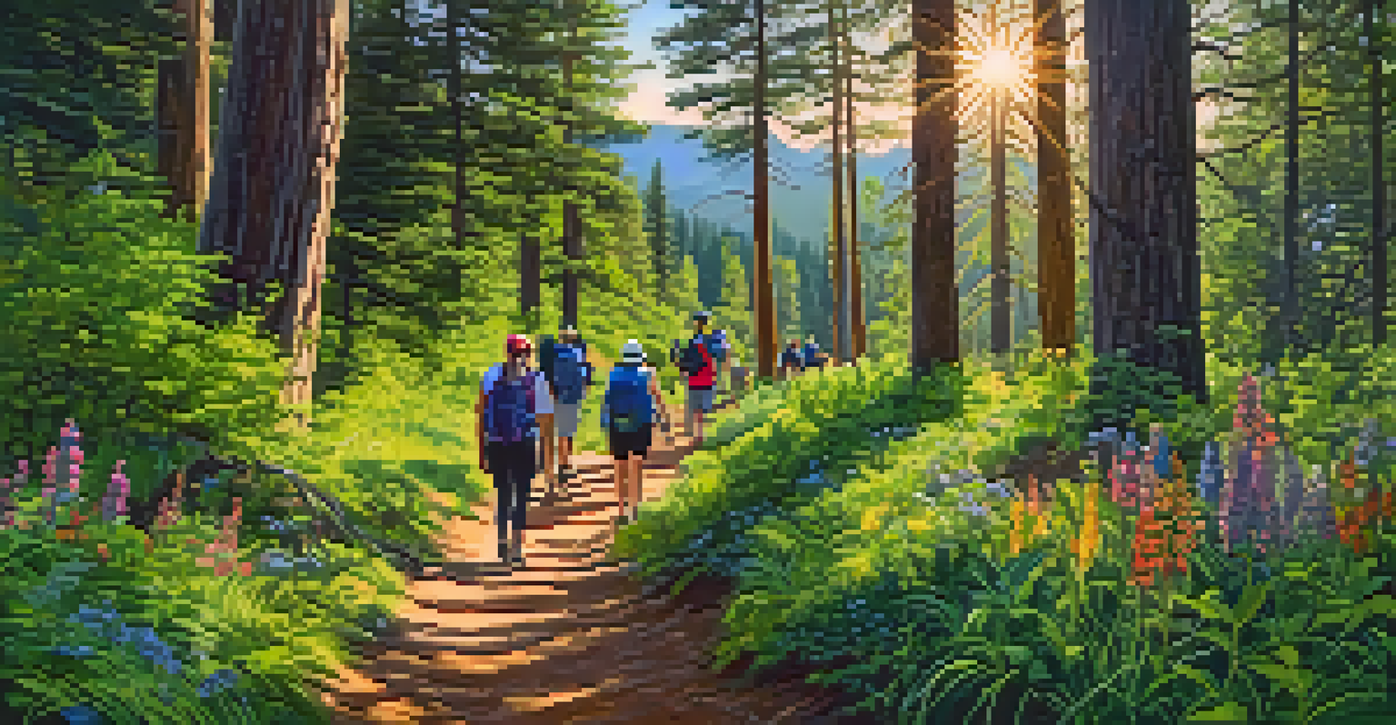 A group of diverse hikers enjoying the Pine Knot Trail, surrounded by green trees and colorful wildflowers under the sunlight.