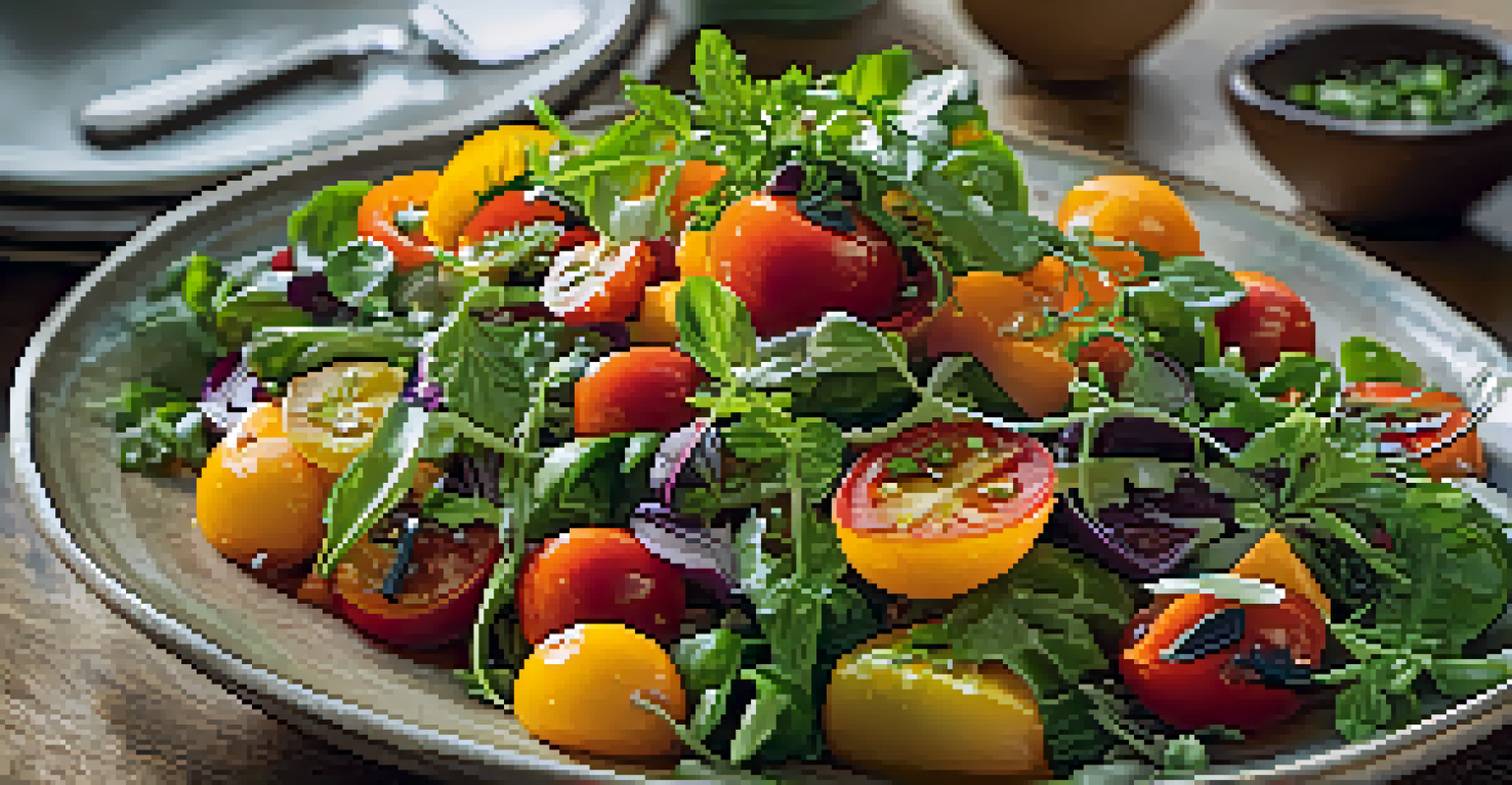 A close-up of a colorful roasted vegetable salad with heirloom tomatoes and greens on a rustic plate.