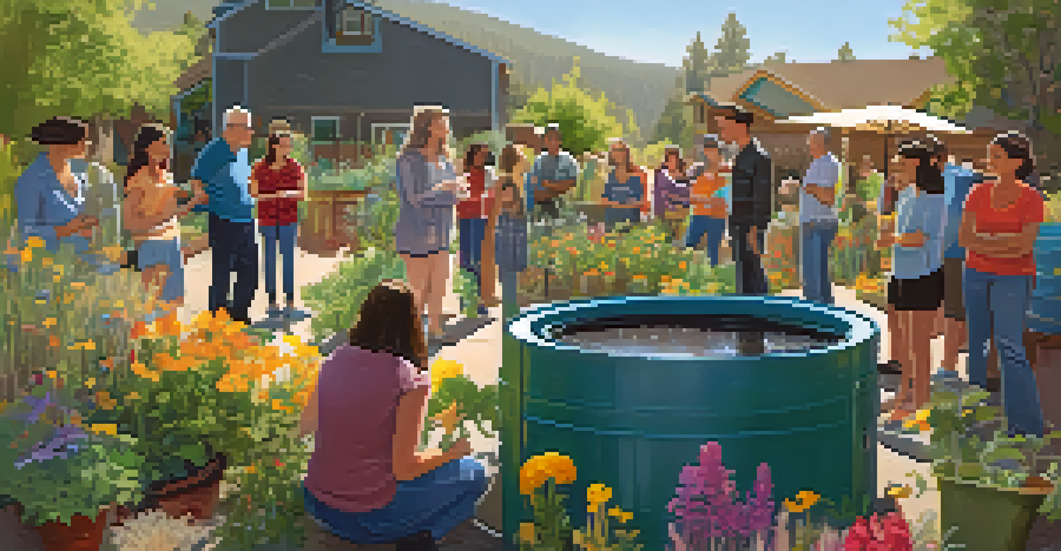 Residents participating in a rainwater harvesting workshop in a community garden, with plants and sunlight.