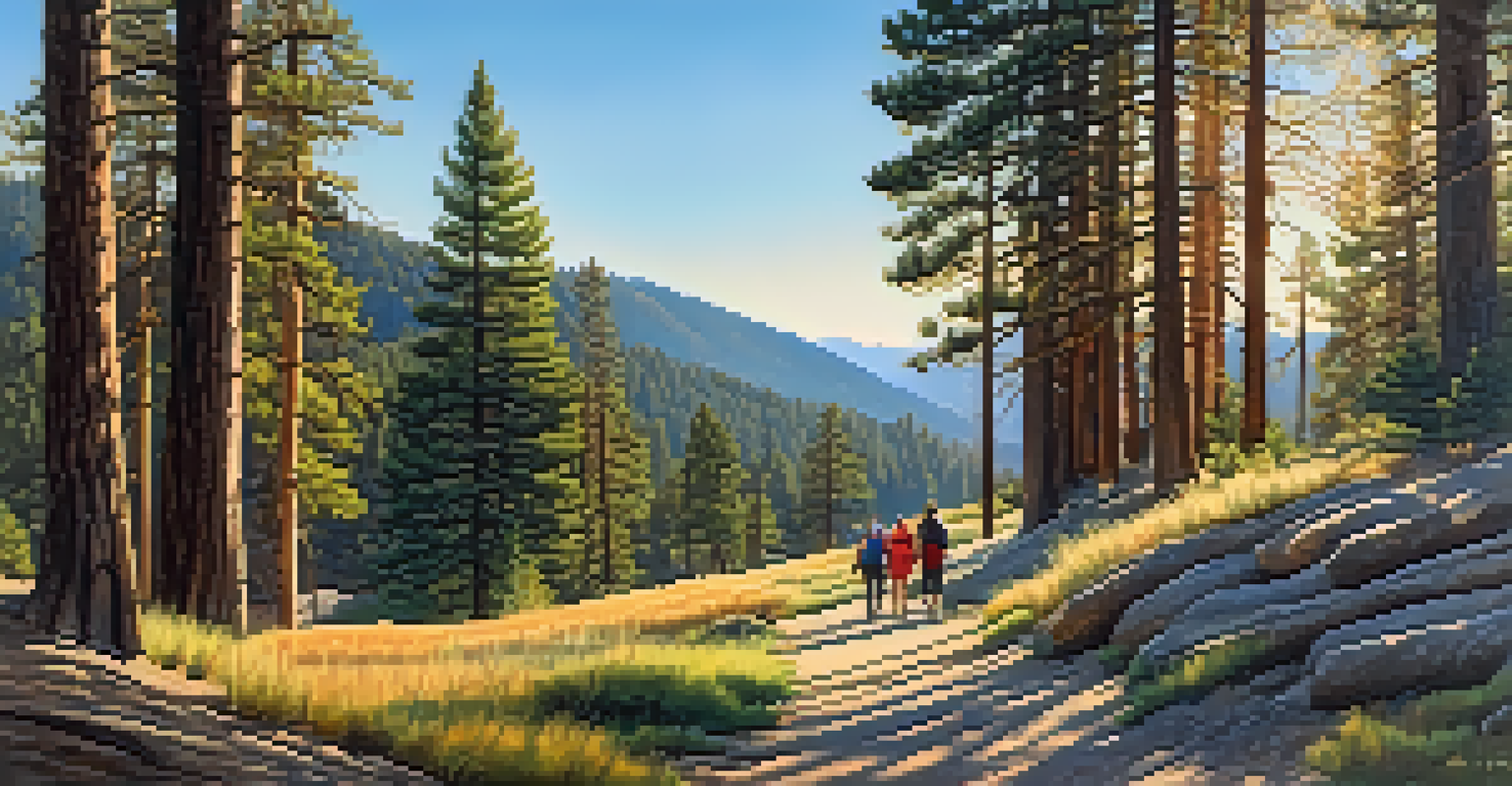 Visitors enjoying a guided nature walk in Big Bear, with pine trees, a clear sky, and deer in the background.