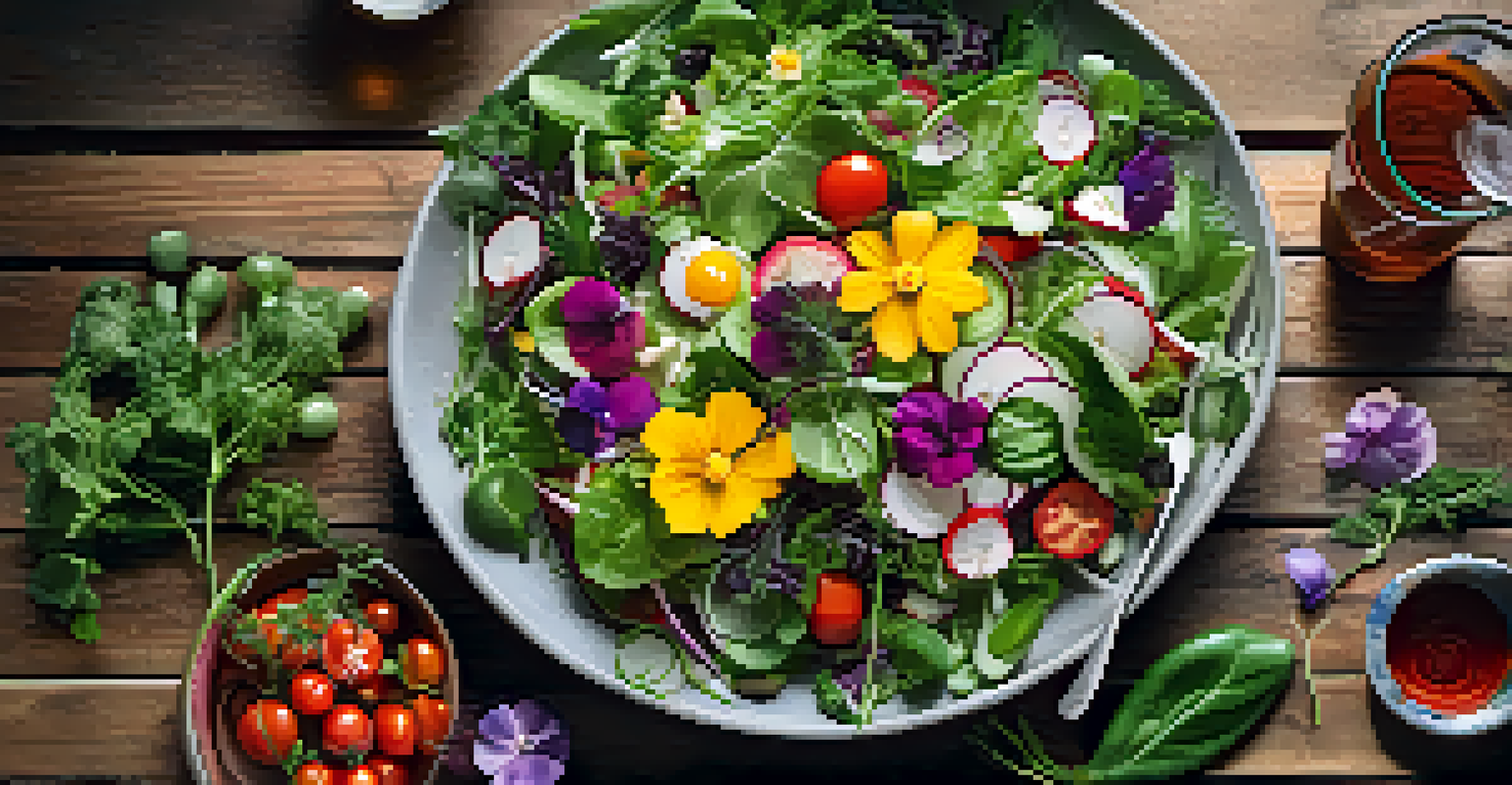 A close-up view of a vibrant organic salad with colorful vegetables on a wooden table.