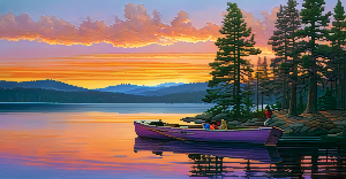 A couple in a boat on Big Bear Lake at sunset, with colorful reflections on the water and pine trees in the background.