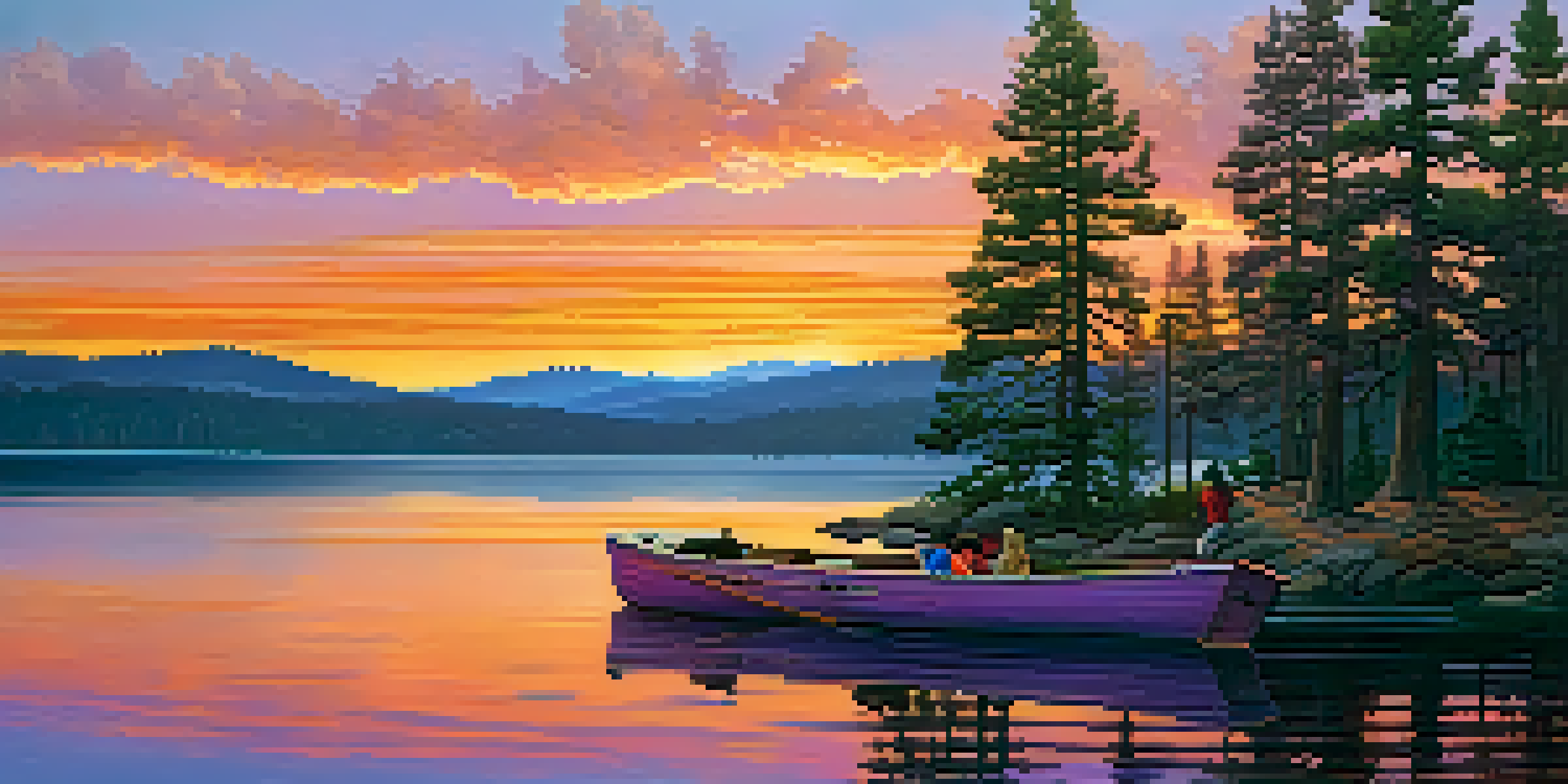 A couple in a boat on Big Bear Lake at sunset, with colorful reflections on the water and pine trees in the background.