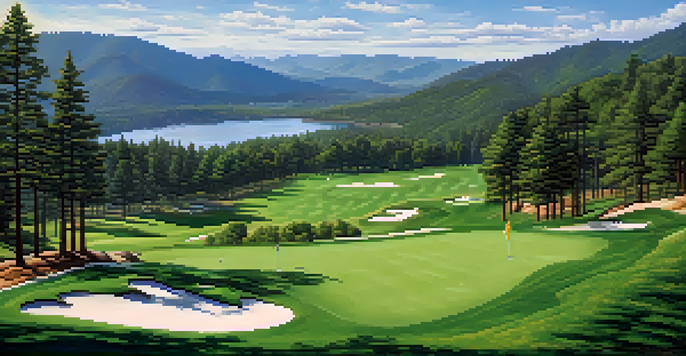 A bright and sunny day at Bear Mountain Golf Course, with green fairways, pine trees, and mountains in the background.
