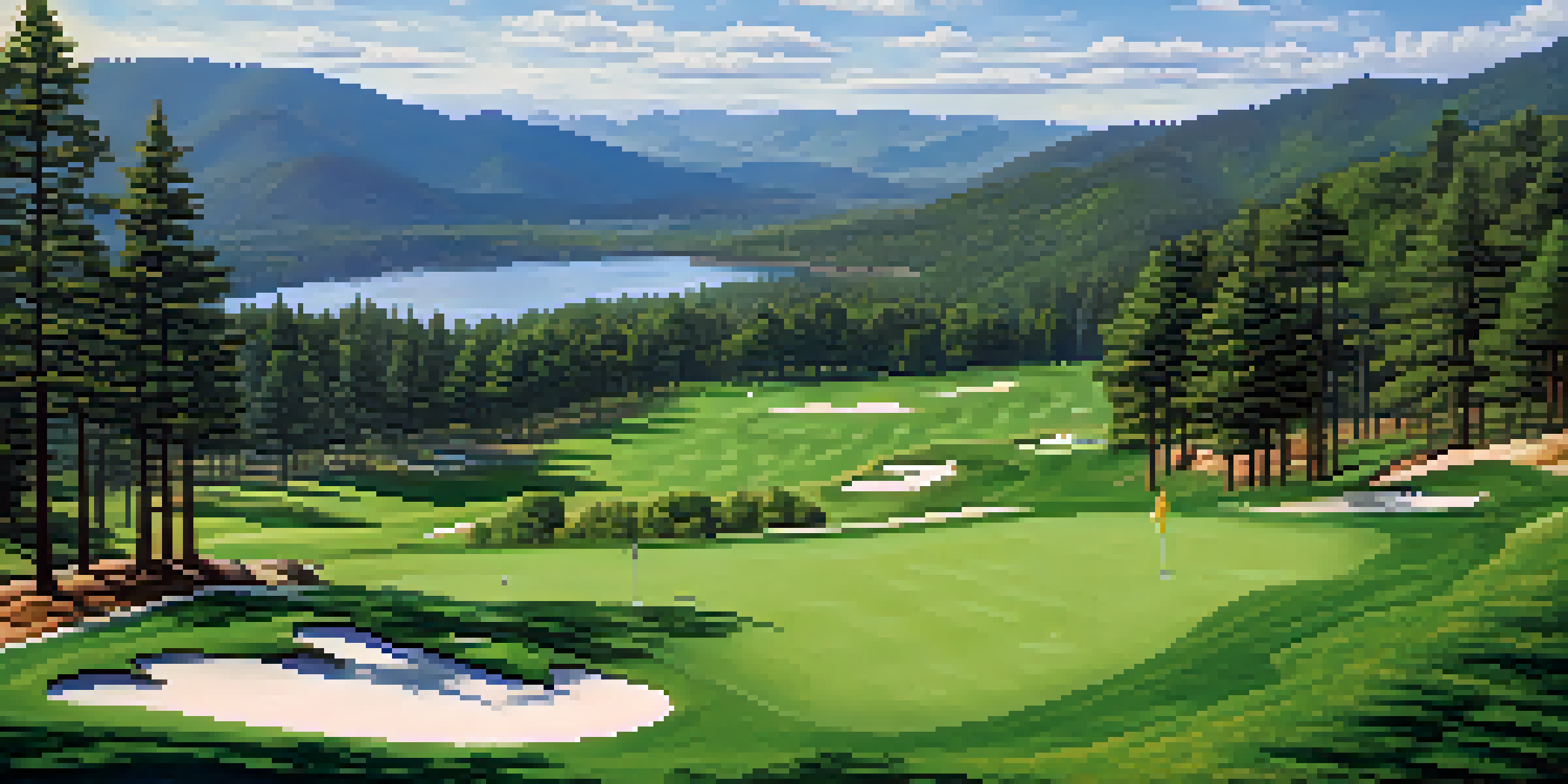 A bright and sunny day at Bear Mountain Golf Course, with green fairways, pine trees, and mountains in the background.