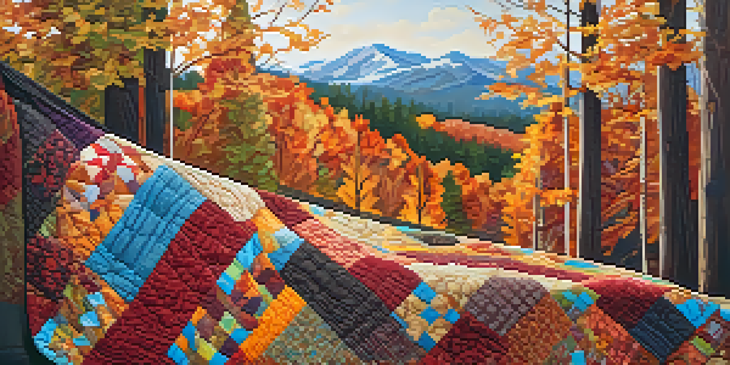 A colorful quilt representing autumn with intricate designs, set against a softly lit forest background.