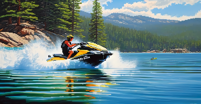 A scenic view of Big Bear Lake in summer with jet skiers on the water, surrounded by pine trees and cliffs under a blue sky.