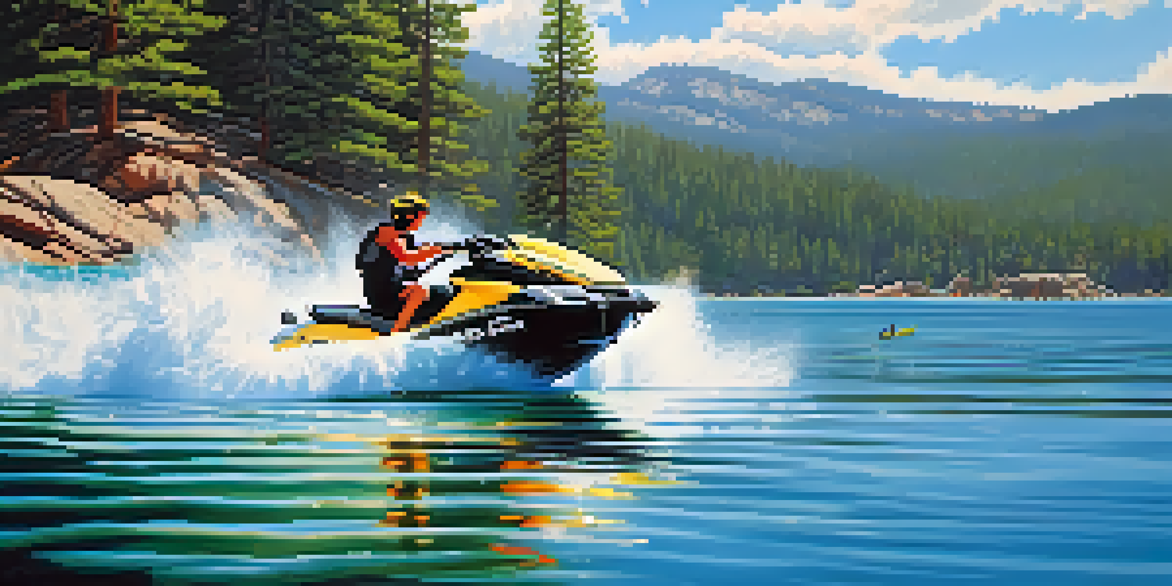 A scenic view of Big Bear Lake in summer with jet skiers on the water, surrounded by pine trees and cliffs under a blue sky.