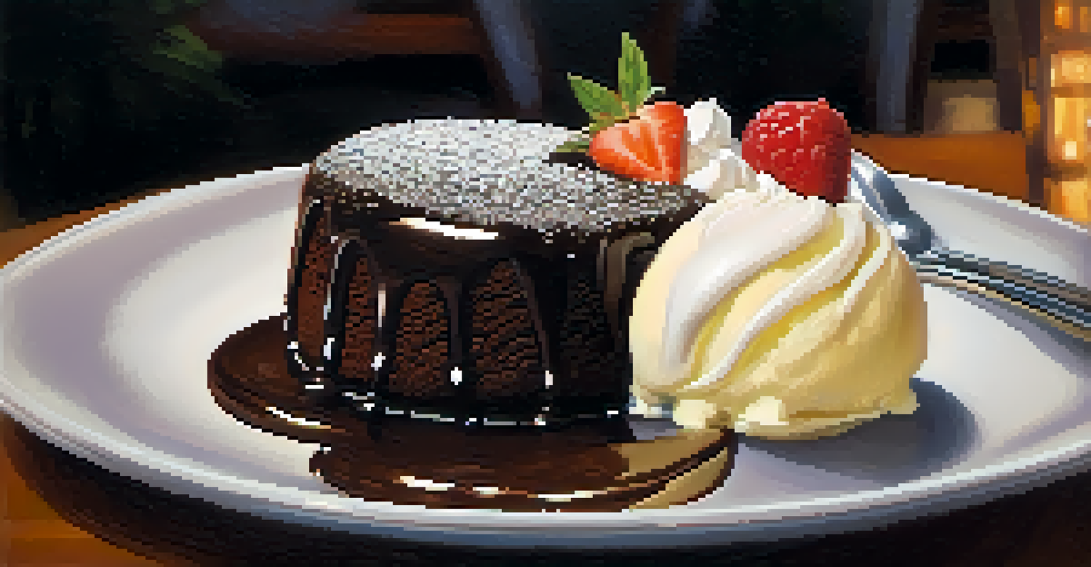 A warm chocolate lava cake with ice cream in a cozy bistro setting.