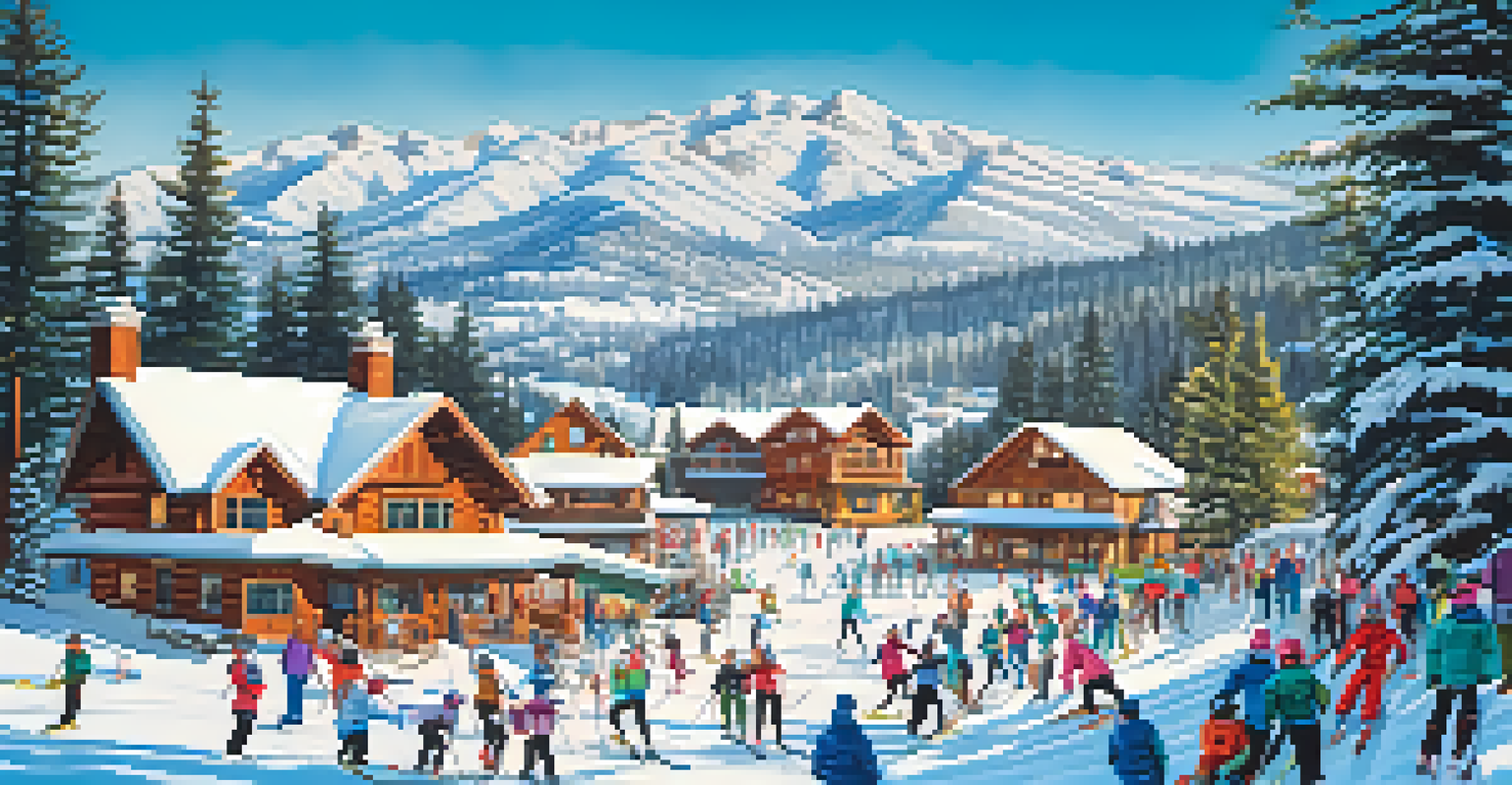 A lively winter scene in Moonridge with people skiing on snowy slopes and cozy log cabins in the background.