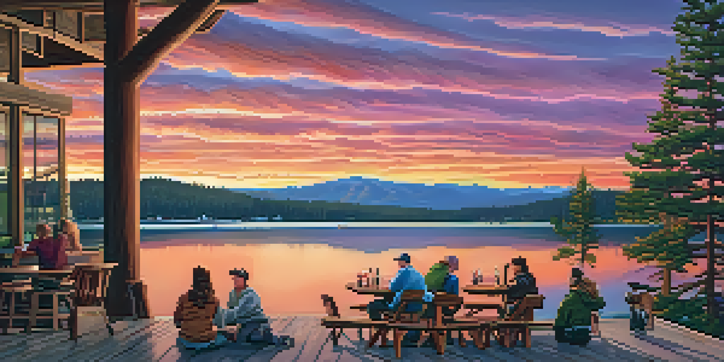 A scenic sunset over Big Bear Lake, showcasing a brewery patio with people enjoying craft beers amidst lush trees.