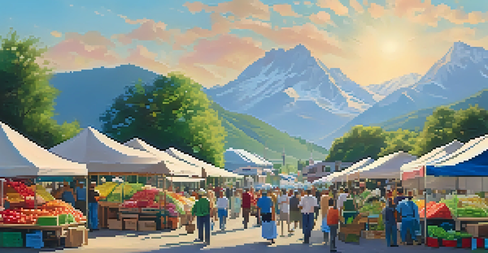 A bustling farmers market with colorful stalls of fresh fruits and vegetables, set against a mountain background, with people interacting happily.