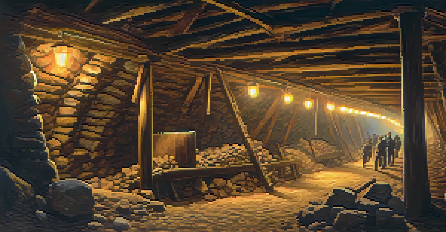 An underground mining tunnel from the late 1800s, with miners using electric drills and lanterns illuminating the rocky walls, showcasing a dedicated mining environment.