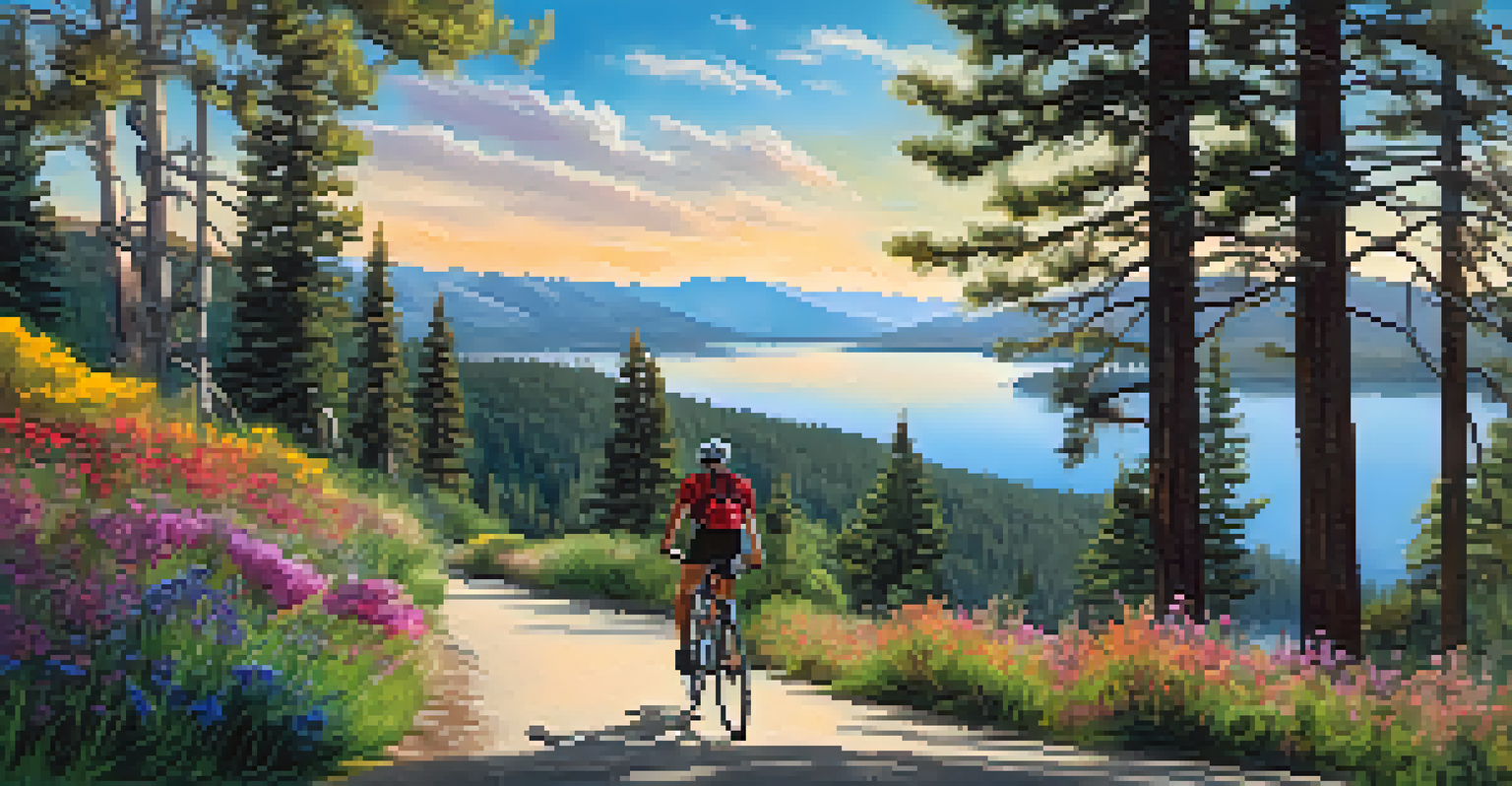 A mountain biker riding along the scenic Alpine Pedal Path next to Big Bear Lake, surrounded by wildflowers and mountains.