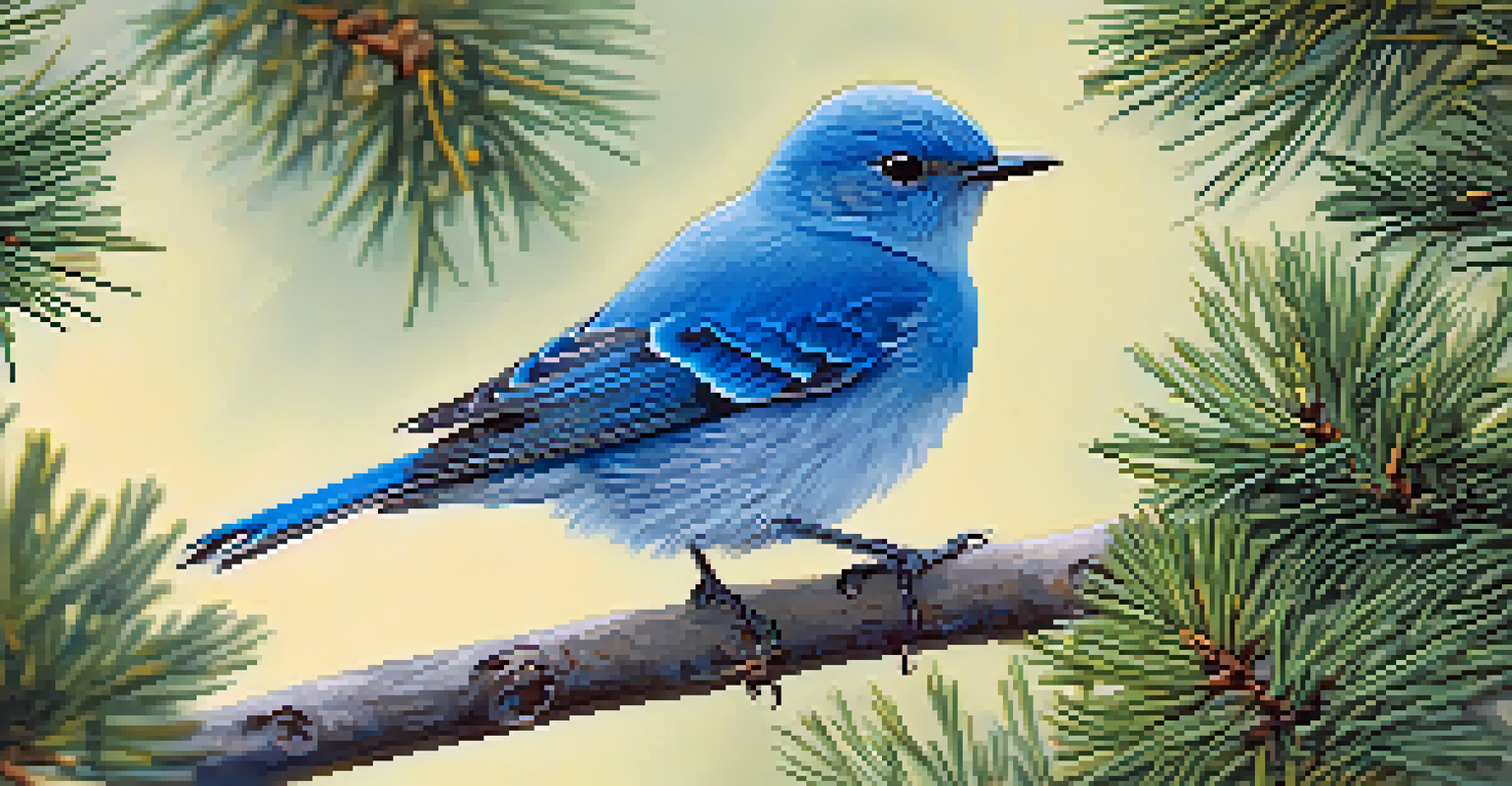 A close-up of a mountain bluebird on a branch, showcasing its bright blue feathers against green trees.