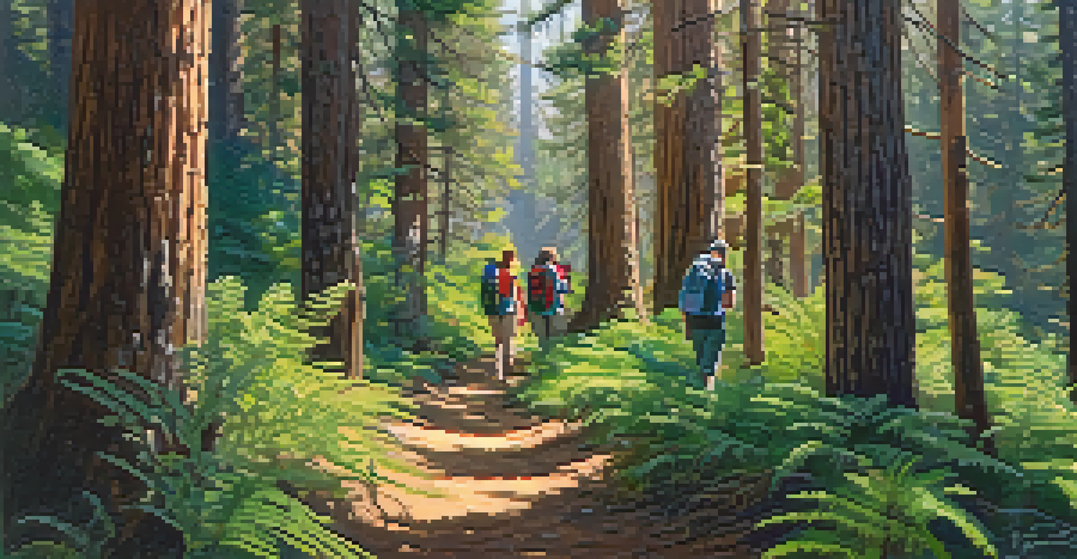 An eco-tour group hiking in a pine forest, with a guide sharing information about local plants.