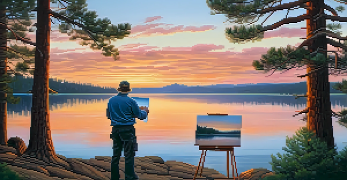 A painter capturing the sunset over Big Bear Lake, with colorful reflections on the water and pine trees in the background.