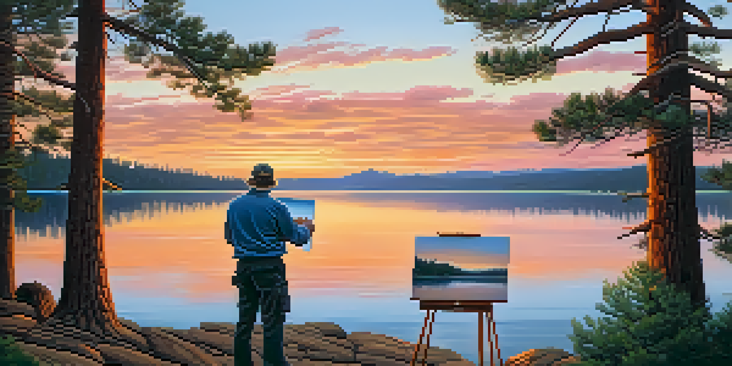 A painter capturing the sunset over Big Bear Lake, with colorful reflections on the water and pine trees in the background.