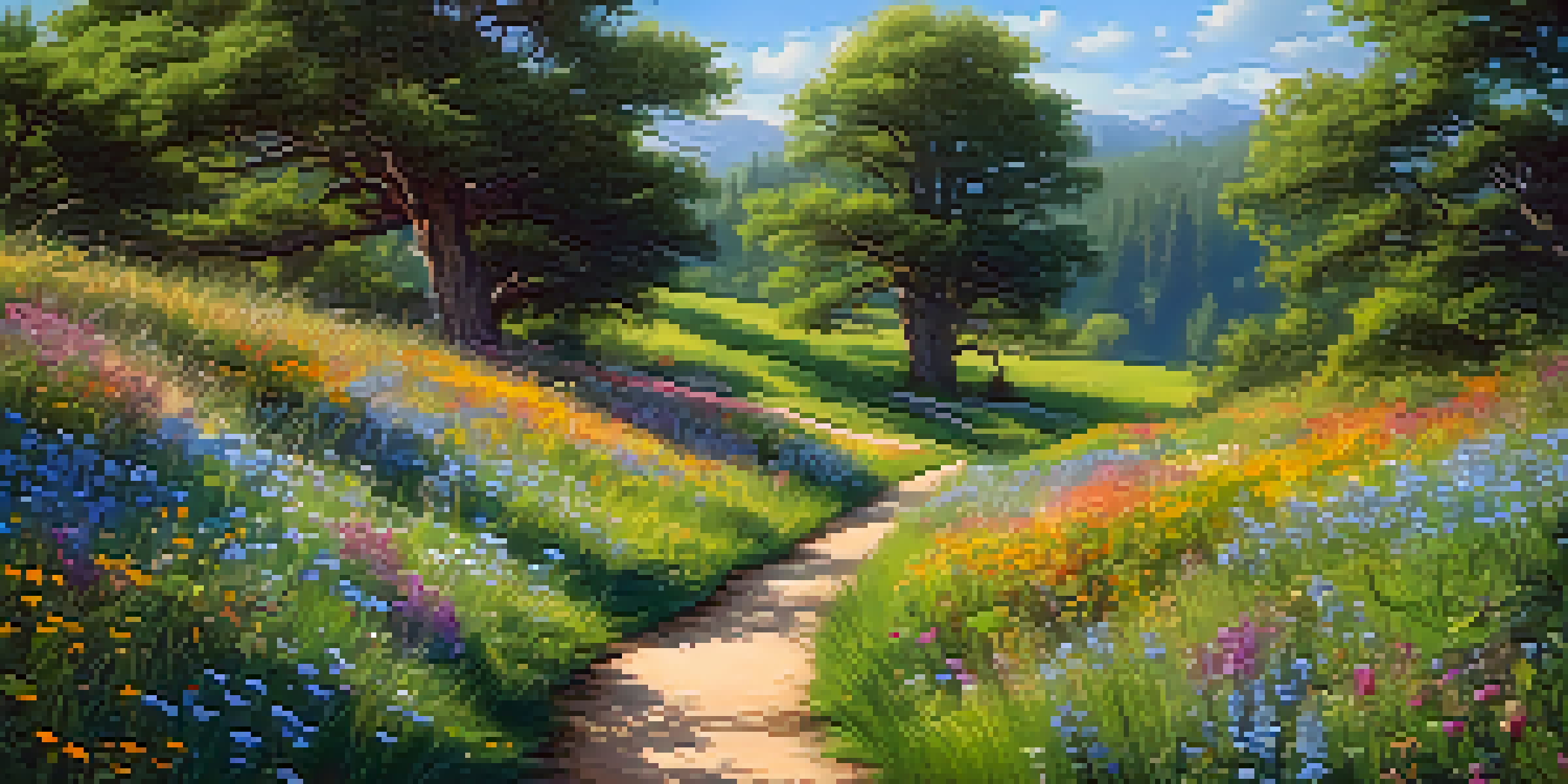 A peaceful wildflower trail with colorful flowers and butterflies under a blue sky.