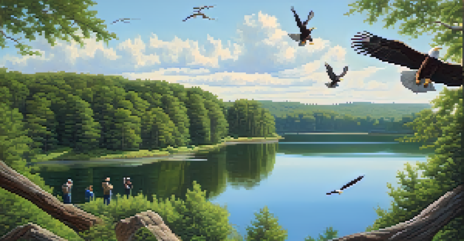 A picturesque lake scene with two eagles flying above and a small group of bird watchers on a trail, surrounded by vibrant greenery.
