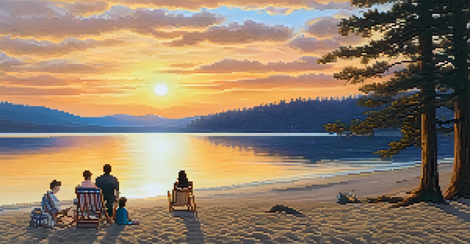 A peaceful sunset on the North Shore of Big Bear Lake, with a family enjoying the beach and colorful reflections on the water.