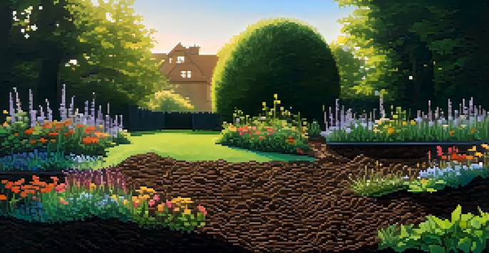 A close-up of rich, dark brown garden soil with visible earthworms, surrounded by a lush garden in morning sunlight.