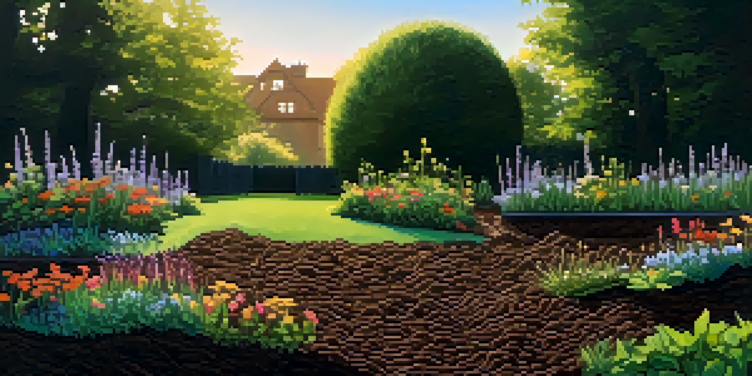 A close-up of rich, dark brown garden soil with visible earthworms, surrounded by a lush garden in morning sunlight.